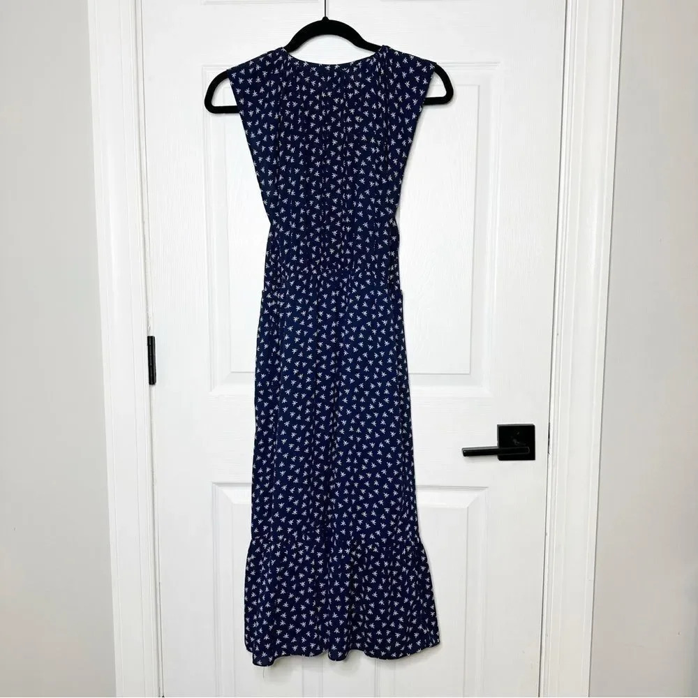 J. CREW Navy Midi Dress Navy White Dragonfly Cap Sleeve Size XS - Picture 10 of 11